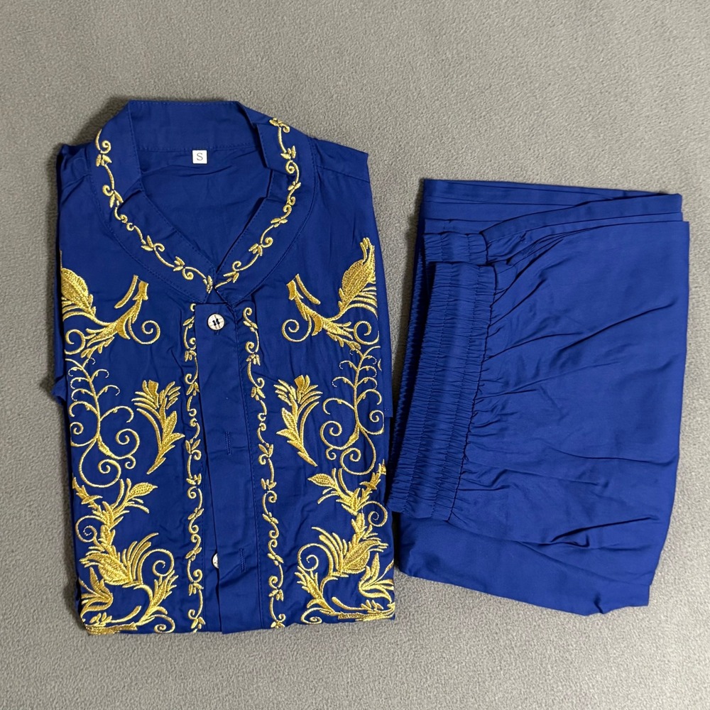 Daupanzees Dashiki Set Men Size S Blue Gold Embroidered New 2 Piece Outfit